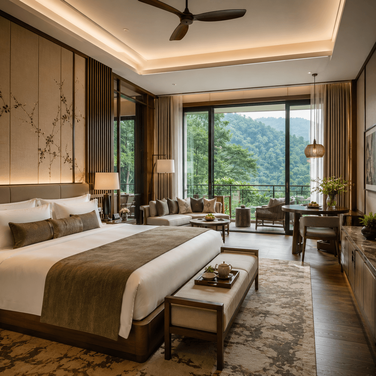 Five-star resort suite with forest views, dressed with dwoing amenities