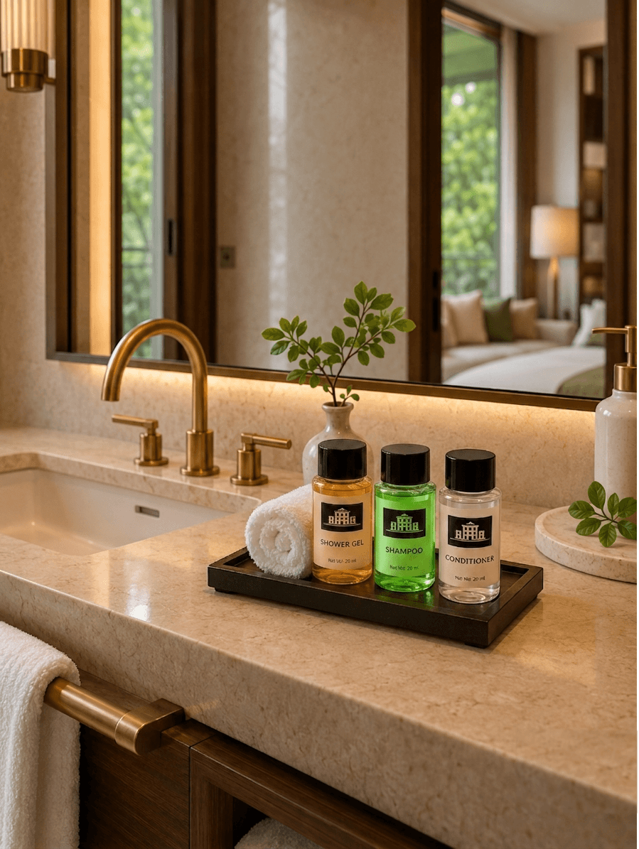 Five-star suite vanity dressed with dwoing branded amenities